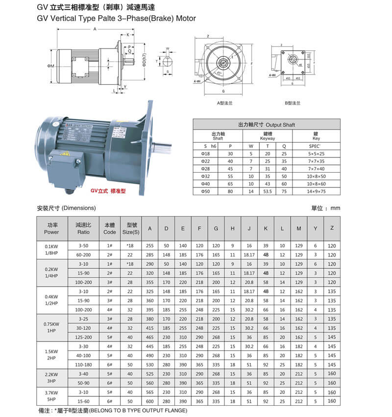 GV立式三相標準型減速馬達參數