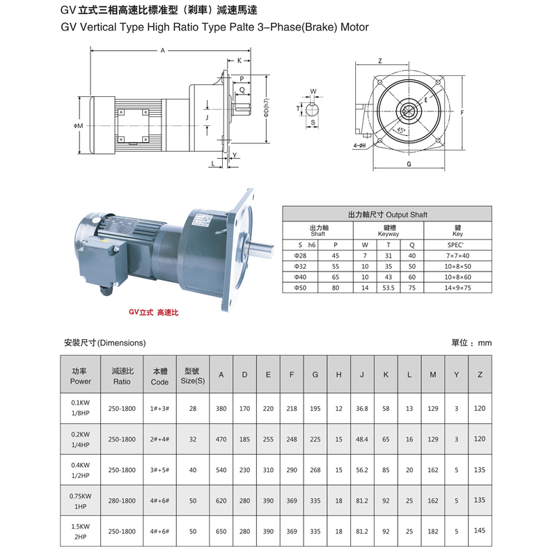 GV立式三相高速比標準型減速馬達參數