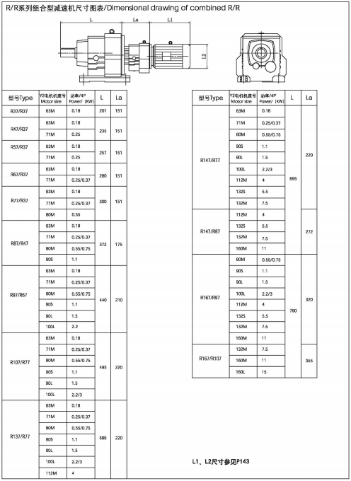 R/R系列組合型減速機尺寸圖表